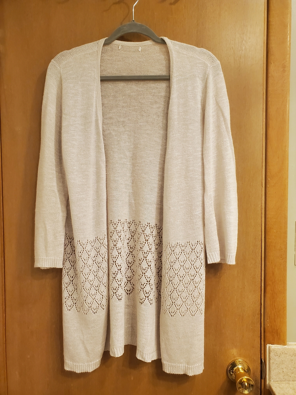 Light Beige Open-Front Pointelle Knit Women's Cardigan